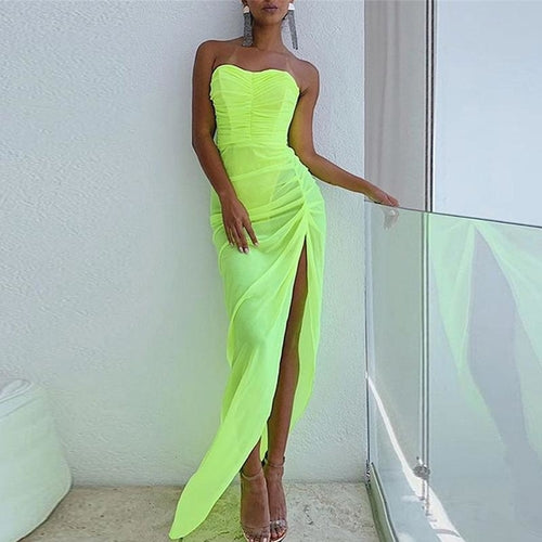 Elegant Lång Klänning för Dam med Plissering, Slits och Draperad A-linje i Neonfärg